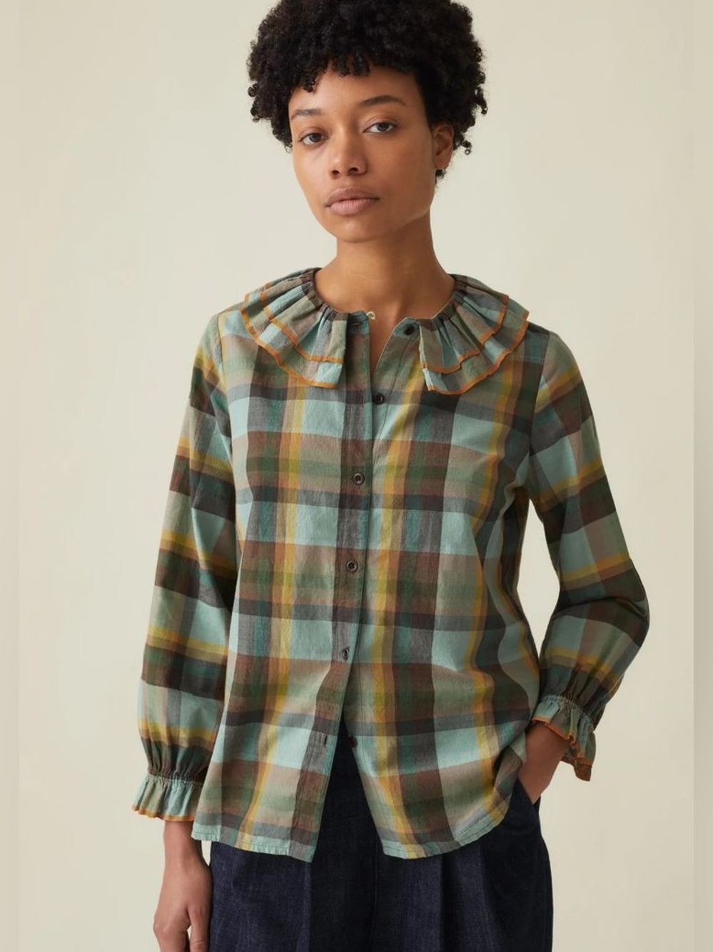 TOAST 100% Cotton Button Down Ruffle Collar/Sleeves Mint/Multi Check Top VGUC